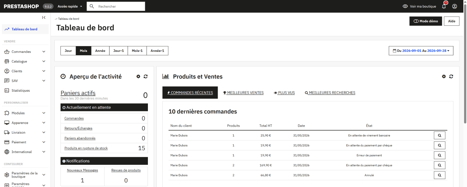 Tableau de bord du back-office PrestaShop 9.0.2 : à gauche les menus Commandes, Catalogue, Clients, SAV, Statistiques, Modules, Apparence, Livraison, Paiement, International et les paramètres ; au centre l'aperçu de l'activité (paniers actifs, commandes en attente, produits en rupture) et les dix dernières commandes.