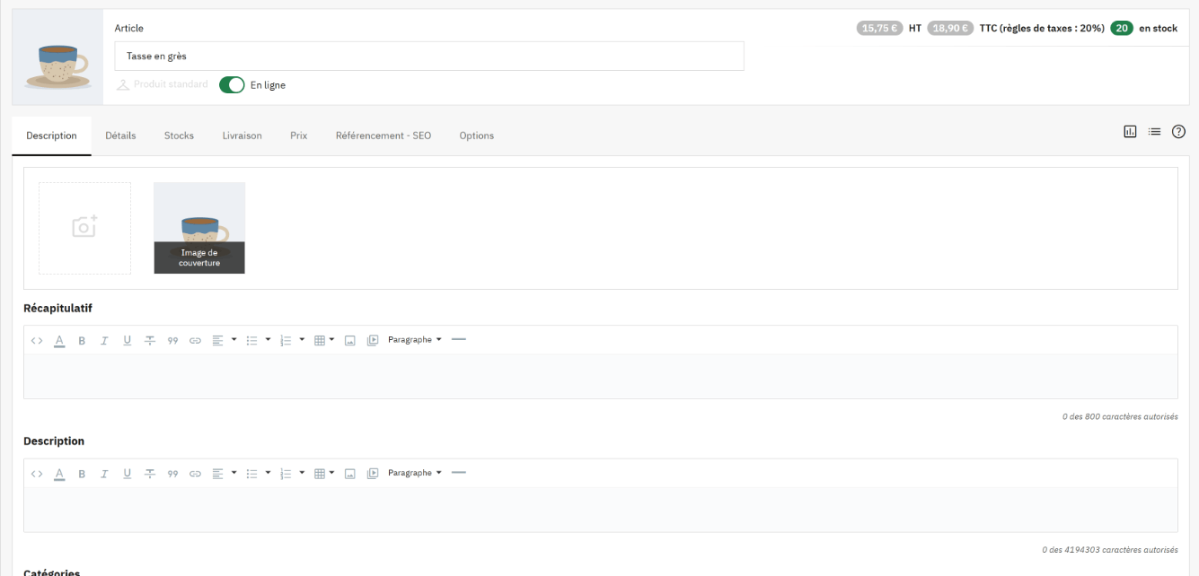 Fiche du produit « Tasse en grès », en ligne : en haut le nom, le prix HT et TTC et le stock ; les onglets Description, Détails, Stocks, Livraison, Prix, Référencement - SEO et Options ; dans l'onglet Description, les images, l'éditeur du récapitulatif, celui de la description et les catégories ; en bas le bouton Enregistrer et publier.