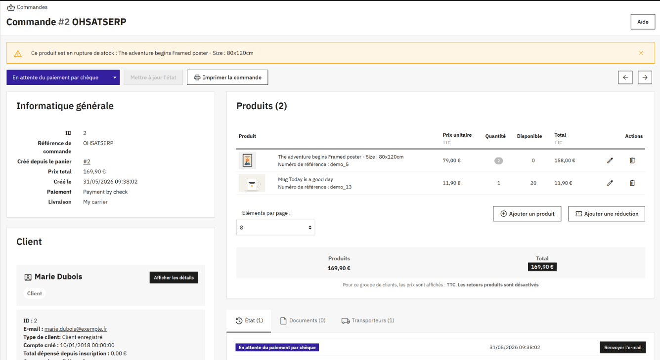 Commande n° 2 : en haut la liste des états (En attente du paiement par chèque), les boutons Mettre à jour l'état et Imprimer la commande ; les informations générales, les produits commandés, le client, et en bas les onglets État, Documents et Transporteurs.