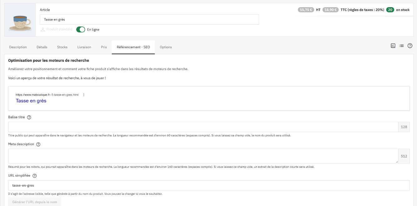 Onglet Référencement - SEO de la fiche produit : aperçu du résultat de recherche, champs Balise titre (128 caractères au plus, environ 60 conseillés) et Meta description (environ 160 conseillés), URL simplifiée tasse-en-gres.