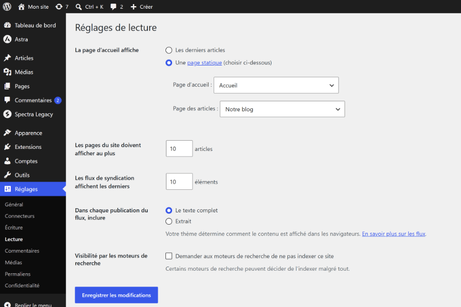 Réglages de lecture : la page d'accueil affiche une page statique, Accueil, et la page des articles est Notre blog ; plus bas, la case «&nbsp;Demander aux moteurs de recherche de ne pas indexer ce site&nbsp;» est décochée.