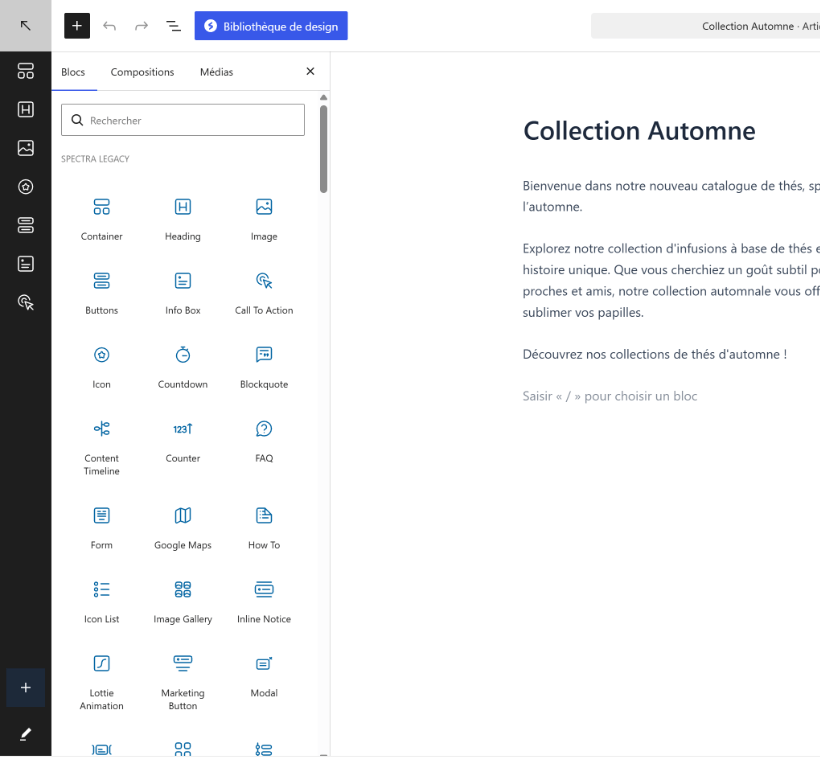 Panneau d'insertion des blocs ouvert à gauche de l'éditeur : champ Rechercher, puis les blocs Spectra Legacy Container, Heading, Image, Buttons, Info Box, Call To Action, Icon, Countdown, Blockquote, Content Timeline, Counter, FAQ, Form, Google Maps, How To, Icon List, Image Gallery, Inline Notice, Lottie Animation, Marketing Button et Modal.