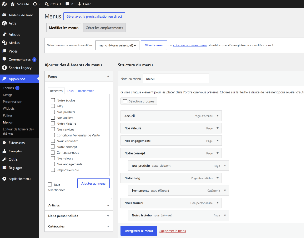 Écran Menus : le menu principal est sélectionné ; à gauche, la liste des pages à cocher et le bouton Ajouter au menu ; à droite, la structure du menu (Accueil, Nos valeurs, Nos engagements, Notre concept avec le sous-élément Nos produits, Notre blog avec le sous-élément Évènements, Nous trouver avec le sous-élément Notre histoire) et le bouton Enregistrer le menu.