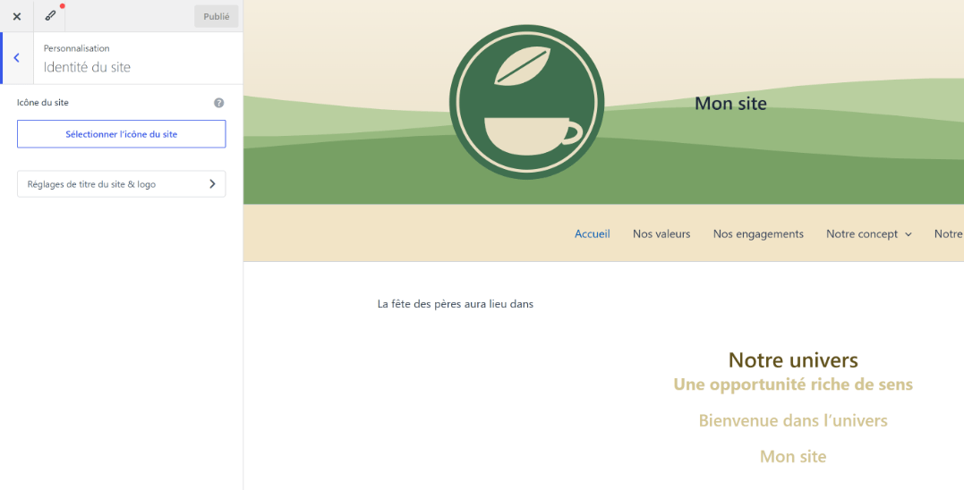 Outil de personnalisation : à gauche la section Identité du site avec le bouton Sélectionner l'icône du site et le lien Réglages de titre du site & logo ; à droite l'aperçu du site, avec son logo, son titre et son menu sous un bandeau illustré.
