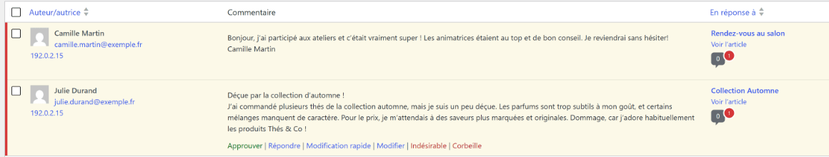Liste de deux commentaires en attente, sur fond jaune : un avis positif sur l'article «&nbsp;Rendez-vous au salon&nbsp;» et un avis déçu sur la collection d'automne, sous lequel apparaissent les liens Approuver, Répondre, Modification rapide, Modifier, Indésirable et Corbeille.