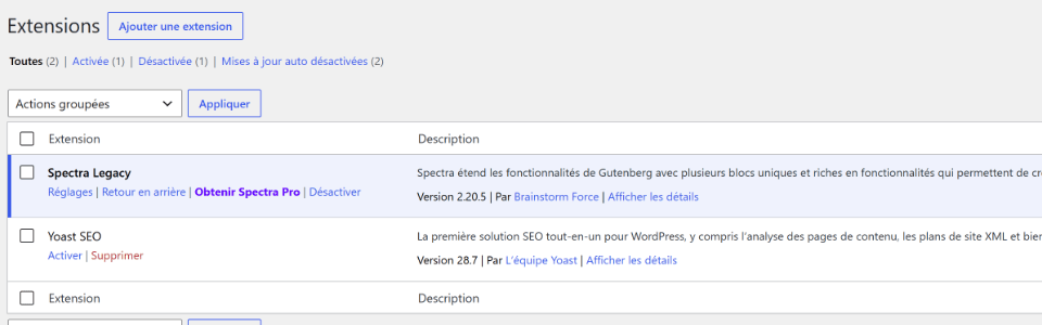 Page Extensions : Spectra Legacy est activée (liens Réglages, Désactiver) ; Yoast SEO est désactivée, avec les liens Activer et Supprimer.
