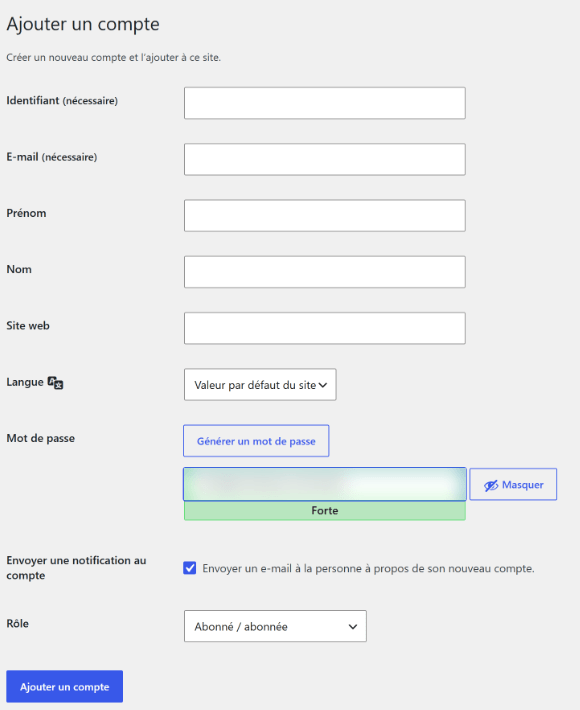 Formulaire Ajouter un compte : champs Identifiant, E-mail, Prénom, Nom, Site web, Langue, Mot de passe (généré, masqué ici), case d'envoi d'une notification et liste Rôle réglée sur Abonné.