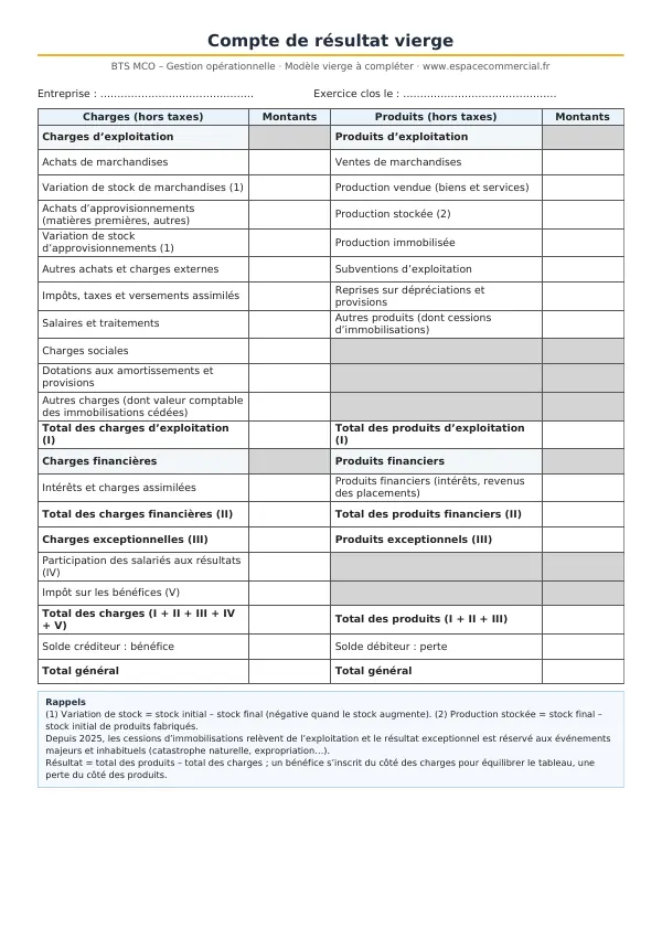 Aperçu du modèle à imprimer : compte de résultat vierge