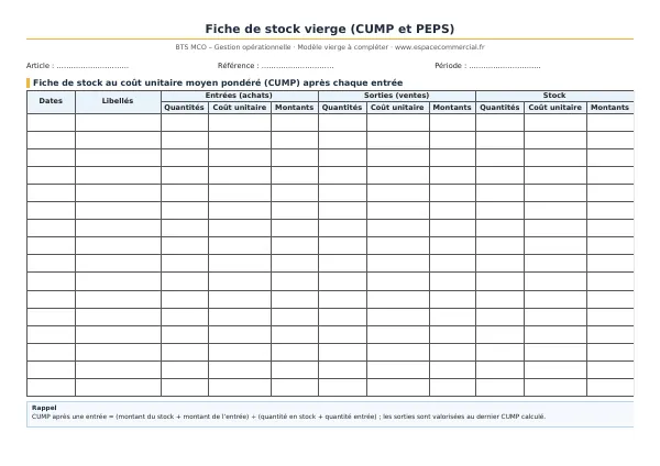 Aperçu du modèle à imprimer : fiche de stock (CUMP et PEPS)